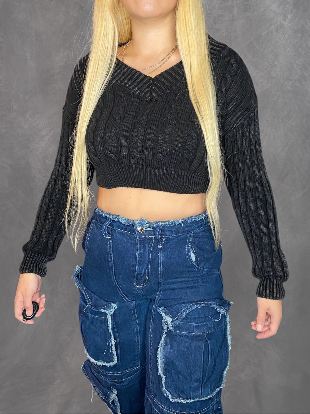 Madden NYC Black Cable Knit Cropped V-Neck Sweater Grunge Goth Y2K